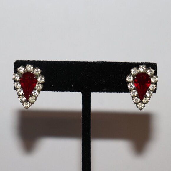 Vintage silver and red rhinestone post earrings 1" - Picture 1 of 4